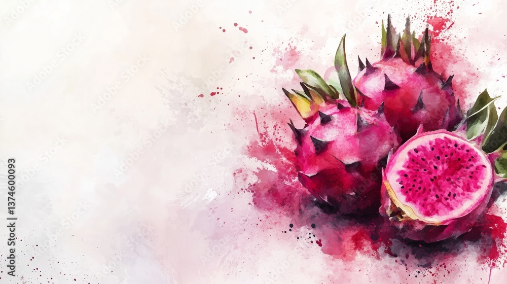 Watercolor Painting of Fresh Dragon Fruit with Pink and Green Splashes Watercolor Painting of Fresh Dragon Fruit with Pink and Green Splashes