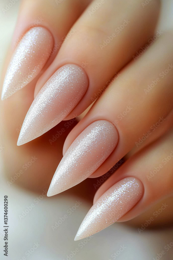 Close-up of a hand with long, almond-shaped nails painted with a pearlescent white polish.