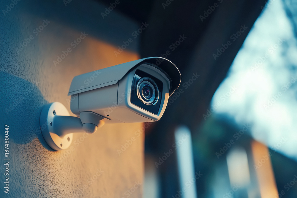 Close-up of a white security camera mounted on a wall, with a blurred background at sunset.