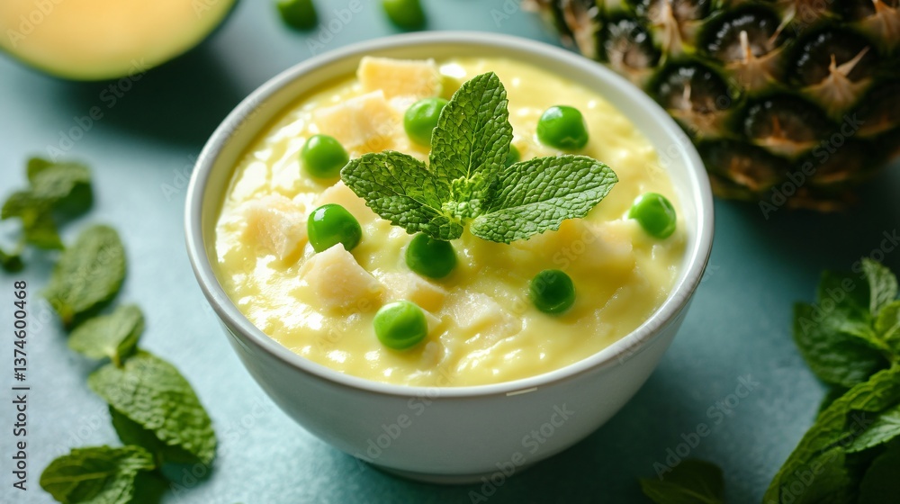 Spring-inspired béchamel sauce with fresh peas and mint, beautifully plated with bright green elements Spring-inspired béchamel sauce with fresh peas and mint, beautifully plated with bright green elements