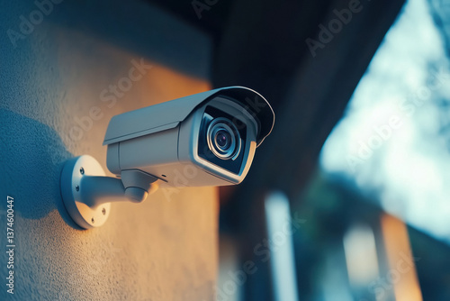 Obraz na płótnie Close-up of a white security camera mounted on a wall, with a blurred background at sunset. w salonie