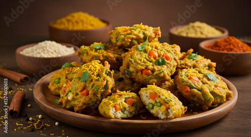 Authentic indian vegetable pakoras presented on a wooden platter with spices