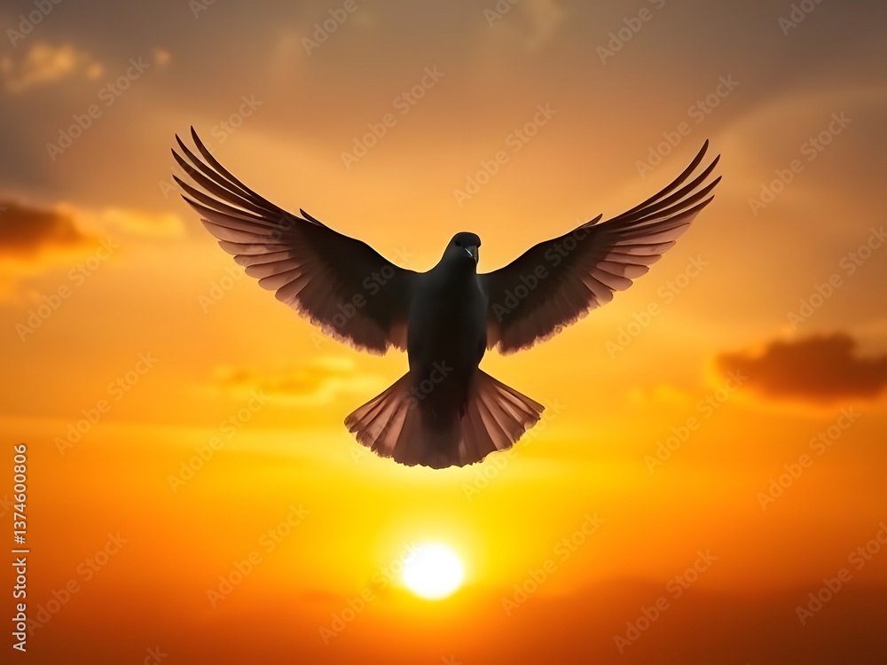 Obraz premium Majestic Dove Soaring at Sunset Peace, Freedom, Sky, Bird, Silhouette, Golden Hour, Serenity, Hope, Spiritual