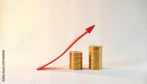 Graph rising with coins on a white background representing financial growth concept