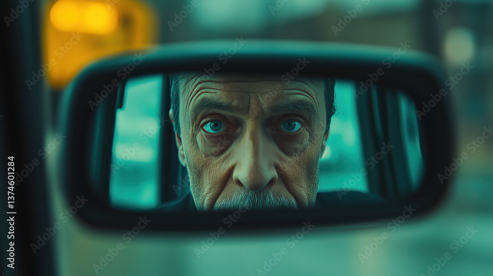 Cinematic close-up of an older man's face reflected in a car's rearview mirror.