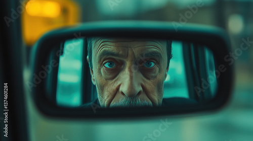 Obraz na płótnie Cinematic close-up of an older man's face reflected in a car's rearview mirror. w salonie