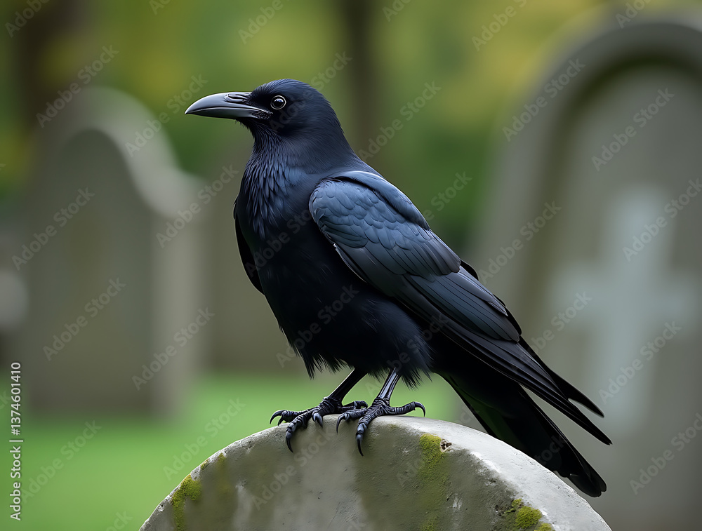 Raven Perched on a Weathered Gravestone, Surrounded by Fog and Shadows, Embracing the Mysteries of the Forgotten Cemetery Raven Perched on a Weathered Gravestone, Surrounded by Fog and Shadows, Embracing the Mysteries of the Forgotten Cemetery