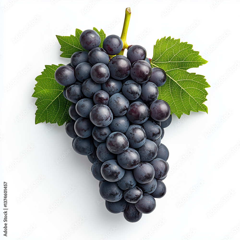 Fototapeta premium A bunch of fresh black grapes with water droplets on a clean white background.