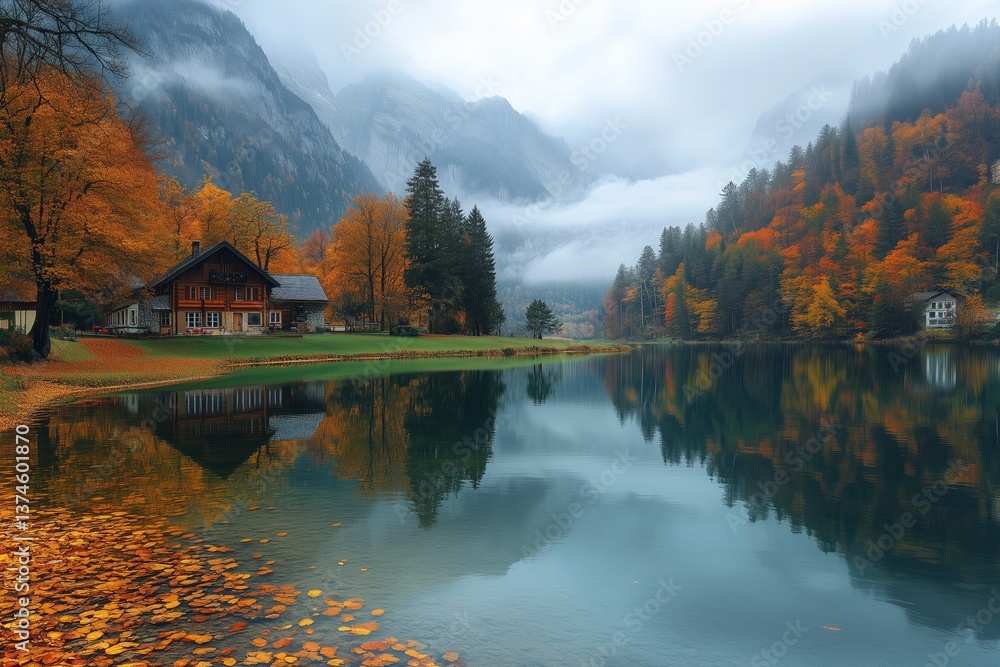 Fototapeta premium Wooden mountain house reflecting in an alpine lake during autumn