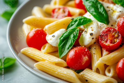 Obraz na płótnie Close-up of a bowl of pasta salad with tomatoes, mozzarella, and basil. w salonie