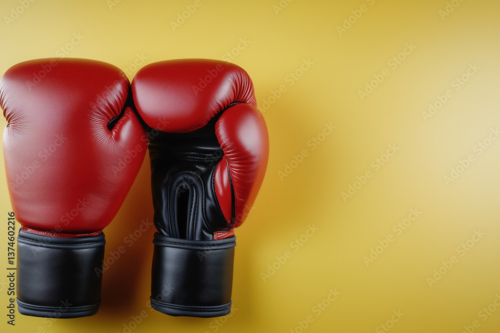 Close-up of a pair of red boxing gloves against a yellow background.