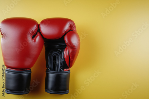Obraz na płótnie Close-up of a pair of red boxing gloves against a yellow background. w salonie