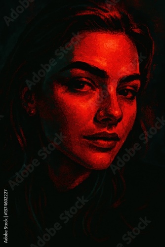 Striking portrait of a woman illuminated in red light, showcasing intense expression. ideal for creative projects in fashion, beauty, and editorial themes.