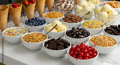 Delightful ice cream sundae bar with assorted colorful toppings selection