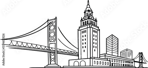 Oakland skyline, featuring the Tribune Tower and Bay Bridge in a modern, one-line drawing style.