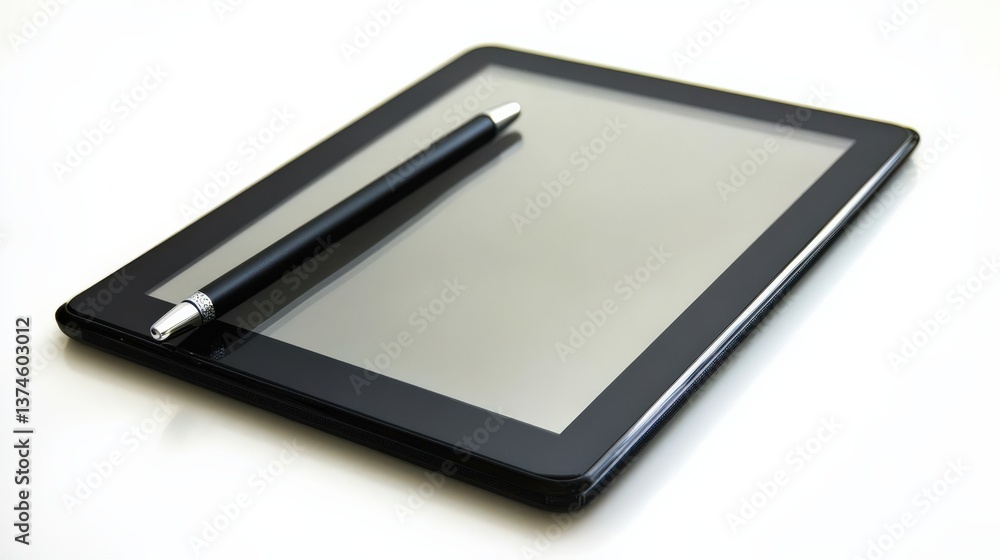Sleek black tablet device with stylus pen resting elegantly on its surface, showcasing modern technology and minimalistic design for digital communication and creativity. Sleek black tablet device with stylus pen resting elegantly on its surface, showcasing modern technology and minimalistic design for digital communication and creativity.