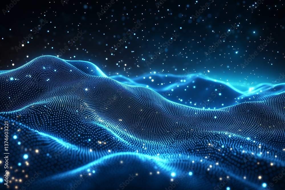 Abstract futuristic blue digital landscape with glowing particles forming waves in cyberspace Abstract futuristic blue digital landscape with glowing particles forming waves in cyberspace