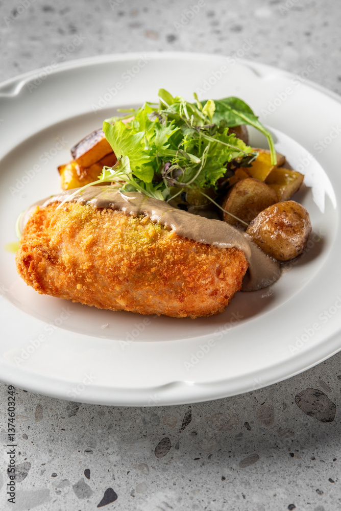 A beautifully plated dish featuring a golden-brown, crispy croquette served with roasted potatoes and a fresh salad, drizzled with a rich sauce on a textured stone surface. A beautifully plated dish featuring a golden-brown, crispy croquette served with roasted potatoes and a fresh salad, drizzled with a rich sauce on a textured stone surface.