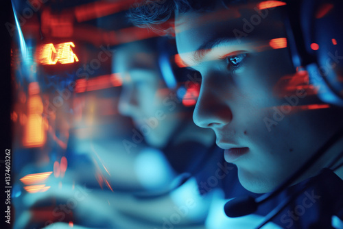Close-up of a young man with dark hair, wearing a headset, in a dark environment with red and blue lights reflections, at an esports tournament.