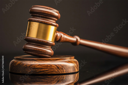 Close-up of a wooden judge's gavel on a wooden stand, against a black background.