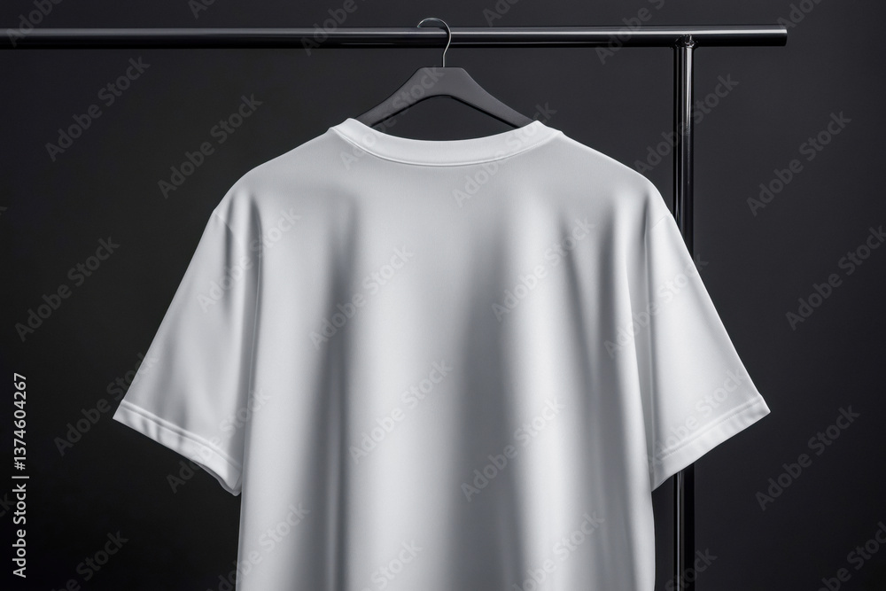 Close-up of a white oversized t-shirt hanging on a black hanger against a black background.