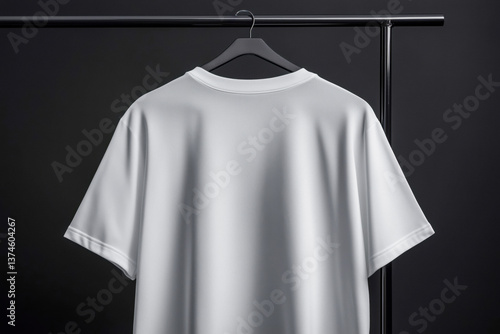 Close-up of a white oversized t-shirt hanging on a black hanger against a black background.