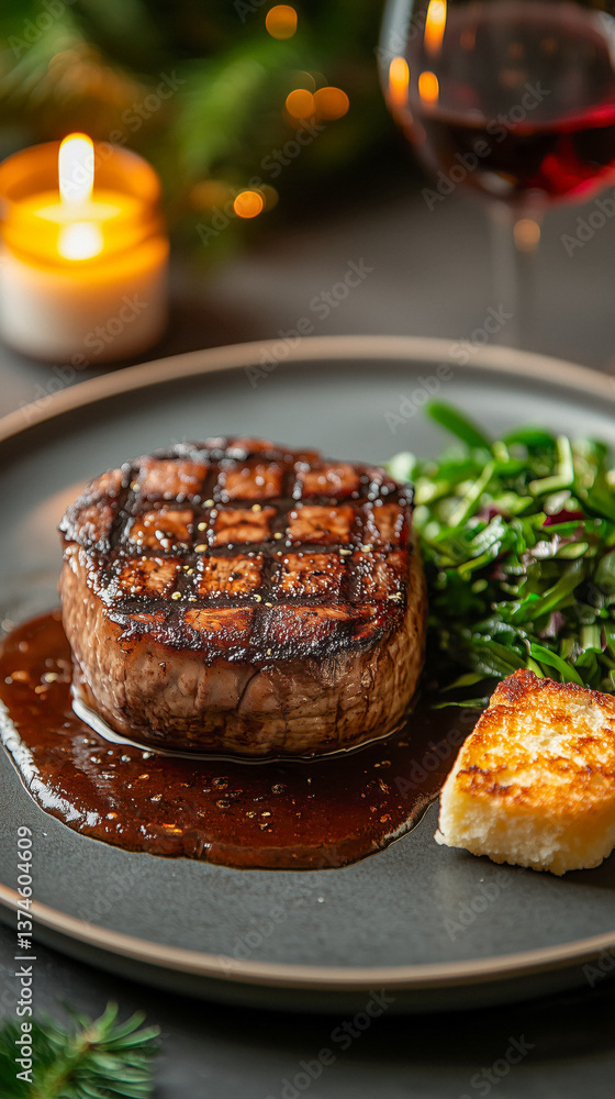 Close-up of a grilled filet mignon steak on a plate, with a side of salad and a piece of bread.