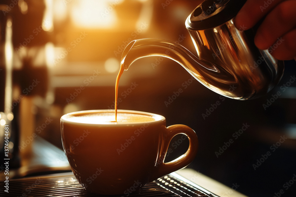 Close-up of a barista pouring espresso from a silver pot into a brown cup.