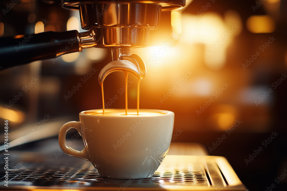 Close-up of espresso being poured from an espresso machine into a white cup during sunset.