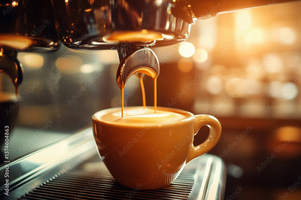 Close-up of espresso being poured from an espresso machine into a brown cup.