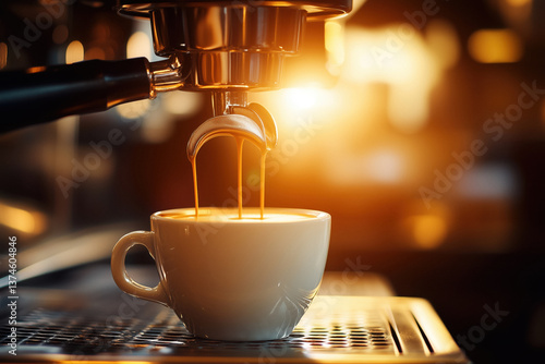 Obraz na płótnie Close-up of espresso being poured from an espresso machine into a white cup during sunset. w salonie