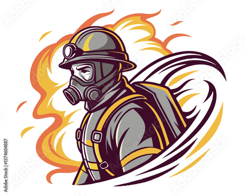 Stylized profile illustration of a firefighter with helmet and breathing apparatus in flames.