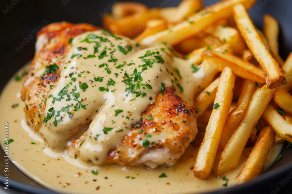 Close-up of a plate of creamy mustard chicken with crispy french fries, garnished with parsley.