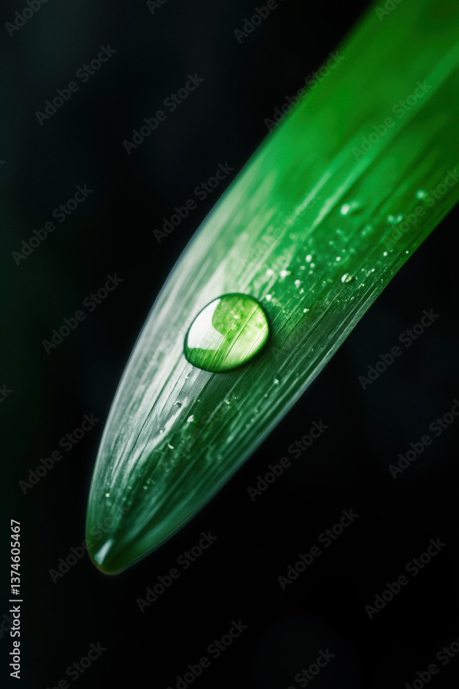 Close-up of a water drop resting on a green leaf, with a dark background.
