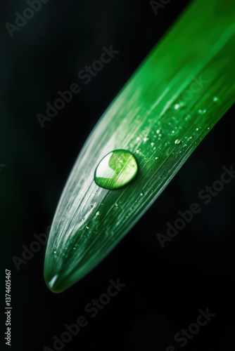 Obraz na płótnie Close-up of a water drop resting on a green leaf, with a dark background. w salonie