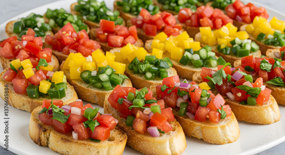 Vibrant Platter of Bruschetta: A Rainbow of Fresh Toppings on Toasted Bread Vibrant Platter of Bruschetta: A Rainbow of Fresh Toppings on Toasted Bread