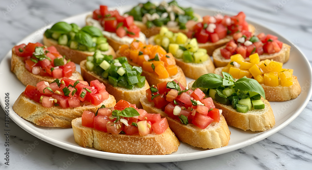 Assortment of Vibrant Bruschetta Toppings Displayed on a Circular Platter Delight Assortment of Vibrant Bruschetta Toppings Displayed on a Circular Platter Delight