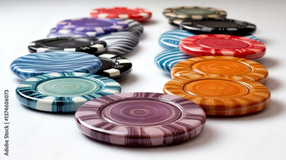 A set of different casino chips is displayed isolated on a white surface, showcasing vibrant colors and varying sizes, symbolizing the excitement of gambling and luck. A set of different casino chips is displayed isolated on a white surface, showcasing vibrant colors and varying sizes, symbolizing the excitement of gambling and luck.