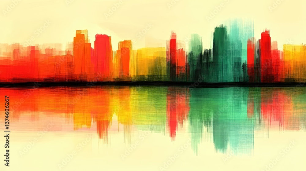 Obraz premium Vibrant, blurred skyline reflects on water. Bold colors create an abstract cityscape