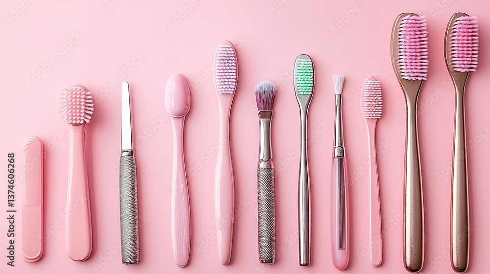 A set of pedicure tools laid out neatly on a pink background, with space provided for text. The tools are organized for an at-home spa day or beauty treatment. A set of pedicure tools laid out neatly on a pink background, with space provided for text. The tools are organized for an at-home spa day or beauty treatment.