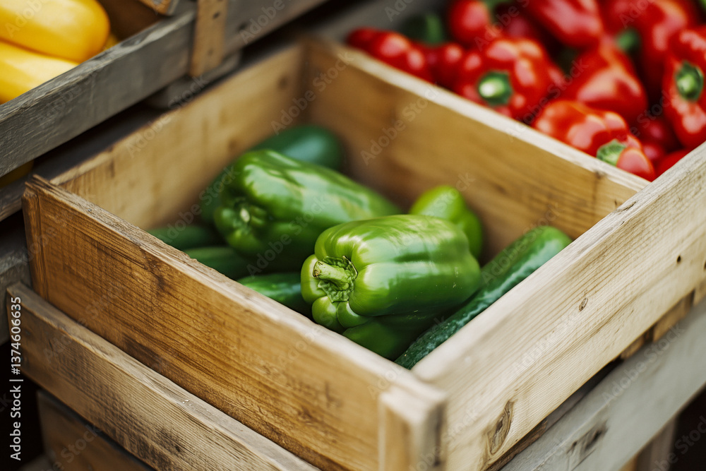 Close-up of wooden crates filled with green bell peppers and other vegetables.