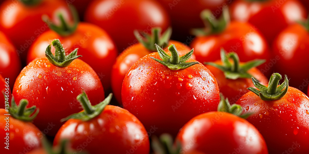 Close-up of a group of red tomatoes with green stems.