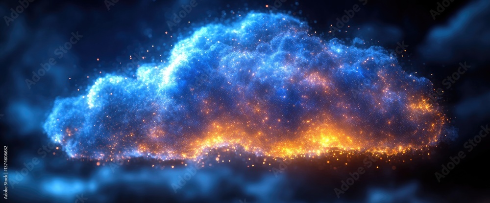 Fototapeta premium Ethereal cloud illuminated with orange and blue hues floating amid a dark, smoky backdrop