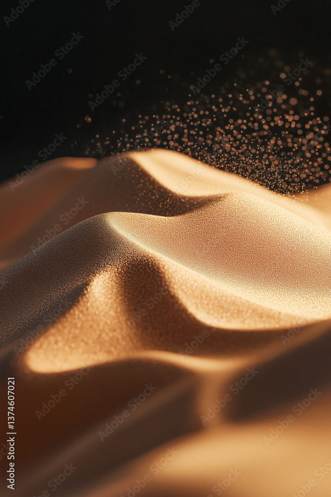 Close-up of sand dunes with a dark background and small particles floating in the air.