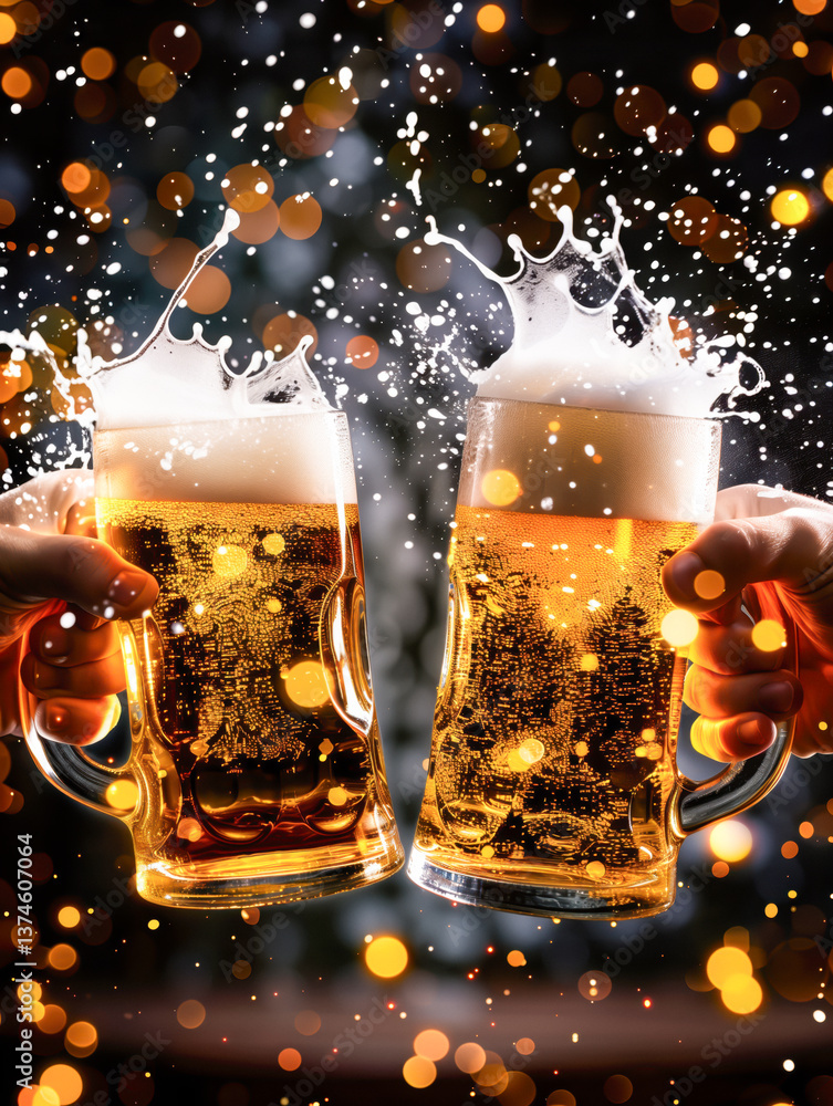 Close-up of two beer mugs toasting, with beer splashing and bokeh lights in the background.