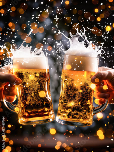 Obraz na płótnie Close-up of two beer mugs toasting, with beer splashing and bokeh lights in the background. w salonie
