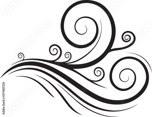 Wind Waves Black and White Vector Illustration, Sketch Drawing Line Linear Engraving, Hand-drawn Isolated