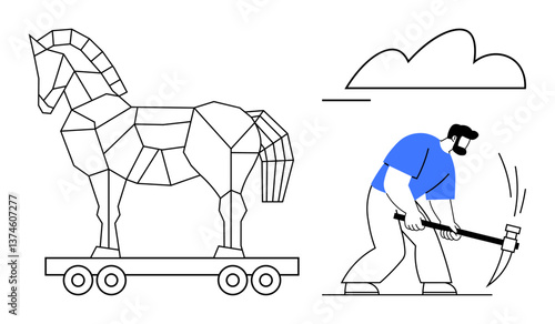 Geometric Trojan Horse on wheels and worker hammering intersect. Ideal for creativity, labor, cybersecurity, myth, strategy, construction, innovation. Modern flat simple metaphor
