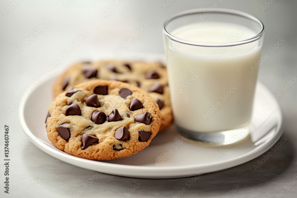 Close-up of a plate with two chocolate chip cookies and a glass of milk.