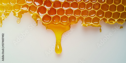 Close-up of a honeycomb with honey dripping from it, against a white background.